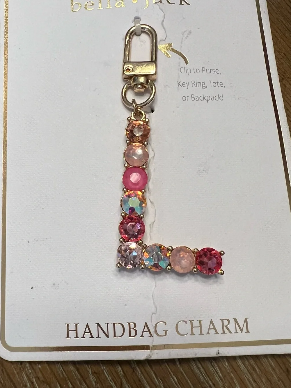 Pink Crystal 'L' Handbag Charm Key Ring